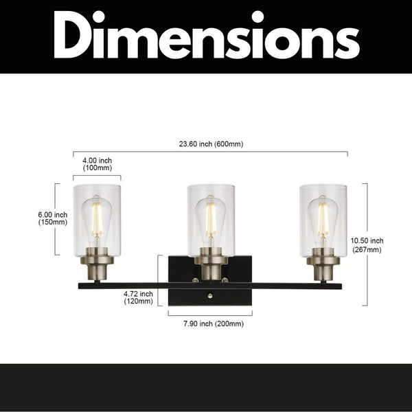 English Elm Modern 3-Light Bathroom Vanity Light with Clear Glass Shades, Black & Brushed Nickel, Dimmable Mountable Fixture for Bedroom, Living Room, Powder Room (E26) B130P148059