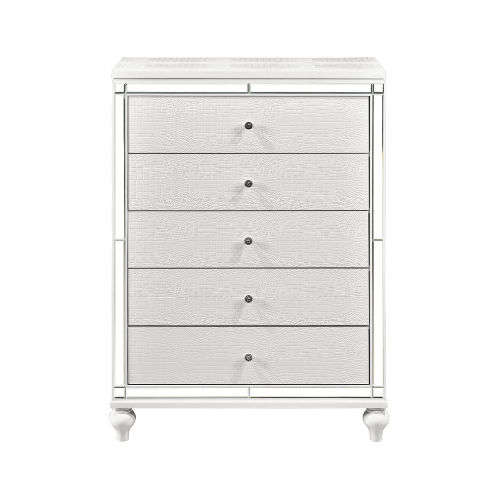 English Elm Modern Glamorous Alonza Chest of 5 Drawers Metallic White Alligator Embossed Mirror Inlay Crystal Pulls B011P156155
