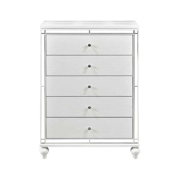 English Elm Modern Glamorous Alonza Chest of 5 Drawers Metallic White Alligator Embossed Mirror Inlay Crystal Pulls B011P156155