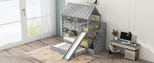 English Elm Twin Over Playhouse Bunk Bed Pine Wood with Trundle Storage Staircase Gray SM000931AAE-1
