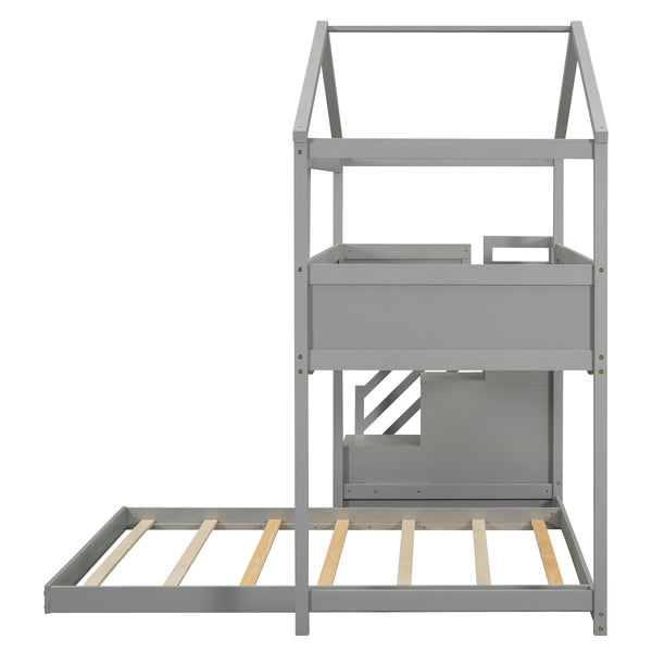 English Elm Twin House Bunk Bed with Storage Staircase and Blackboard Play Loft, Solid Pine Frame, Sturdy Design Gray SM001701AAE