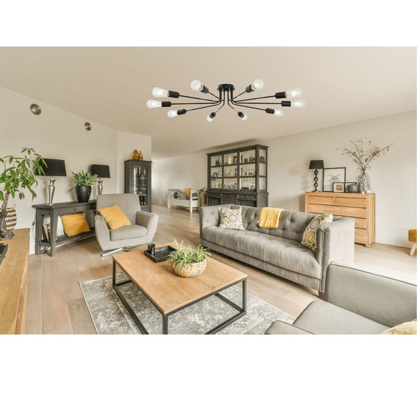 English Elm 10 Mid-Century Sputnik Chandelier with 10 Dimmable Arms, Metal Semi-Flush Ceiling Fixture, Elegant Ambiance Black B130P148036