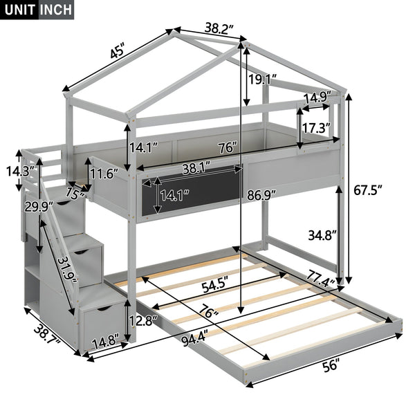 English Elm Twin House Bunk Bed with Storage Staircase and Blackboard Play Loft, Solid Pine Frame, Sturdy Design Gray SM001701AAE