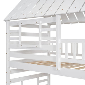 English Elm Twin Twin over Twin House Bunk Bed with Trundle, Slide and Storage Staircase, Playhouse Design Securely White SM000931AAK
