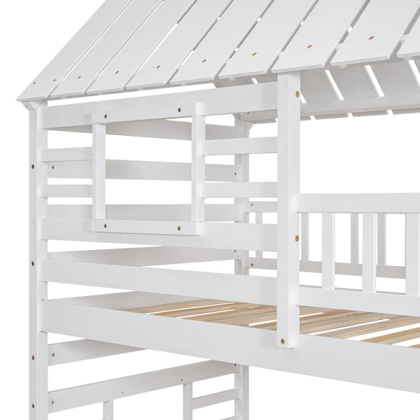 English Elm Twin Twin over Twin House Bunk Bed with Trundle, Slide and Storage Staircase, Playhouse Design Securely White SM000931AAK