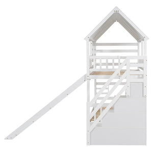 English Elm Twin Over Playhouse Bunk Bed Pine Wood with Trundle Storage Staircase White SM000931AAK-1