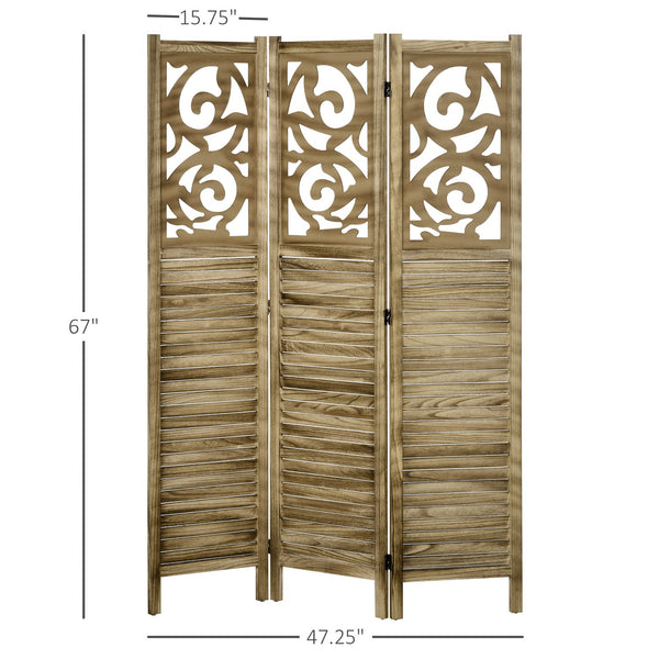 English Elm HOMCOM 3-Panel Wood Room Divider with Floral Louvered Panels, Folding Privacy Screen, 67" Tall Brown W2225P156104