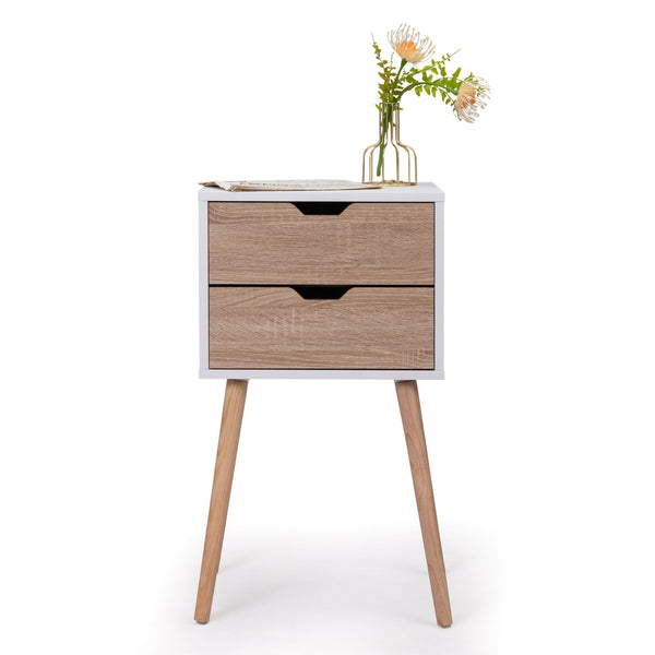 English Elm Nightstand Modern White Walnut 2-Drawer Bedside Tables with Solid Wood Legs, Durable Storage Pair W2181P156141