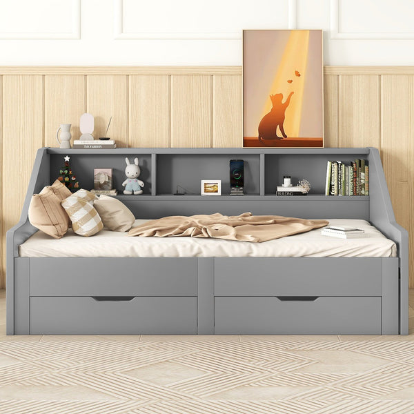 English Elm Twin Space-Saving Daybed with Pull-Out King Trundle, Built-In Bookcases, Dual Drawers & USB Charging Station Gray GX001827AAE