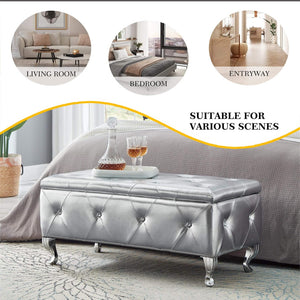 English Elm Upholstered Glam Storage Bench Faux Leather Crystal Tufted Lift Top Bedroom Seat W2268P146696