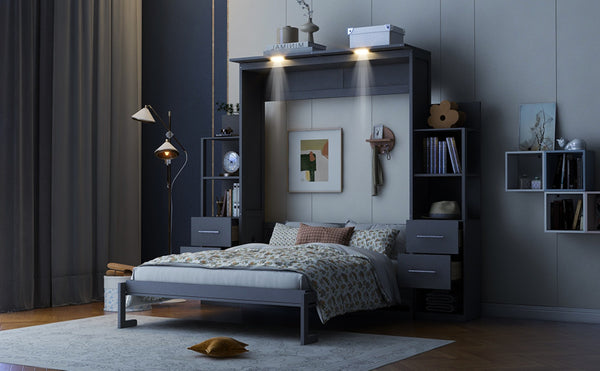 English Elm Queen Murphy Wall Bed with Led Lighting Open Shelves Drawers Space Saving Cabinet LP000566AAE-1