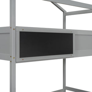 English Elm Twin House Bunk Bed with Storage Staircase and Blackboard Play Loft, Solid Pine Frame, Sturdy Design Gray SM001701AAE