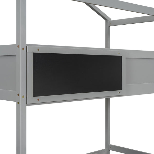 English Elm Twin House Bunk Bed with Storage Staircase and Blackboard Play Loft, Solid Pine Frame, Sturdy Design Gray SM001701AAE