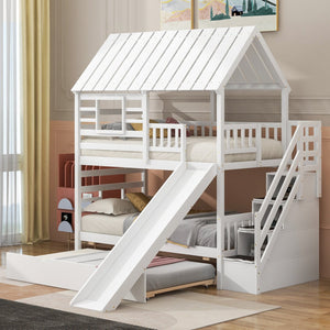 English Elm Twin Twin over Twin House Bunk Bed with Trundle, Slide and Storage Staircase, Playhouse Design Securely White SM000931AAK