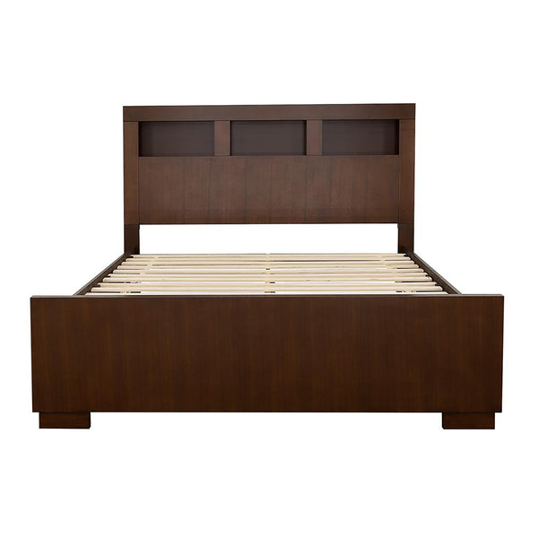 English Elm Cappuccino Queen Bed With Stylish Bookcase Headboard, Integrated Lighting & Modern Storage Solutions B062S00307