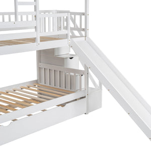 English Elm Twin Twin over Twin House Bunk Bed with Trundle, Slide and Storage Staircase, Playhouse Design Securely White SM000931AAK