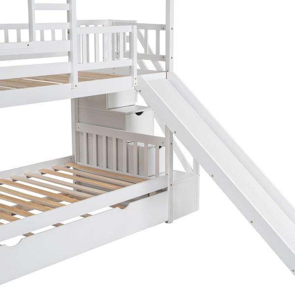 English Elm Twin Twin over Twin House Bunk Bed with Trundle, Slide and Storage Staircase, Playhouse Design Securely White SM000931AAK
