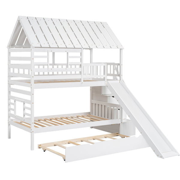 English Elm Twin Twin over Twin House Bunk Bed with Trundle, Slide and Storage Staircase, Playhouse Design Securely White SM000931AAK