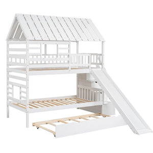 English Elm Twin Over Playhouse Bunk Bed Pine Wood with Trundle Storage Staircase White SM000931AAK-1