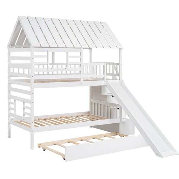 English Elm Twin Over Playhouse Bunk Bed Pine Wood with Trundle Storage Staircase White SM000931AAK-1
