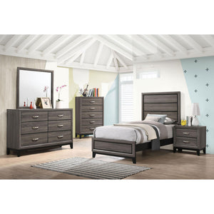 English Elm Grey Oak Transitional Twin Panel Bed with Grey Oak & Black Plank Headboard, Engineered Veneer Finish — Sturdy 600 lb Capacity, Box Spring Required B062S00288