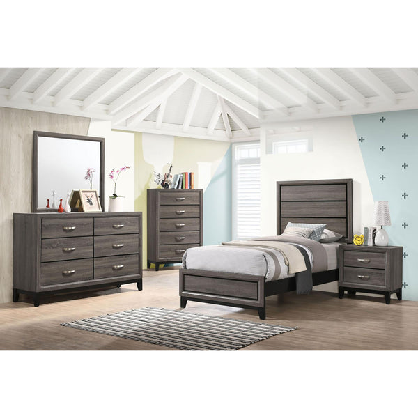 English Elm Grey Oak Transitional Twin Panel Bed with Grey Oak & Black Plank Headboard, Engineered Veneer Finish — Sturdy 600 lb Capacity, Box Spring Required B062S00288