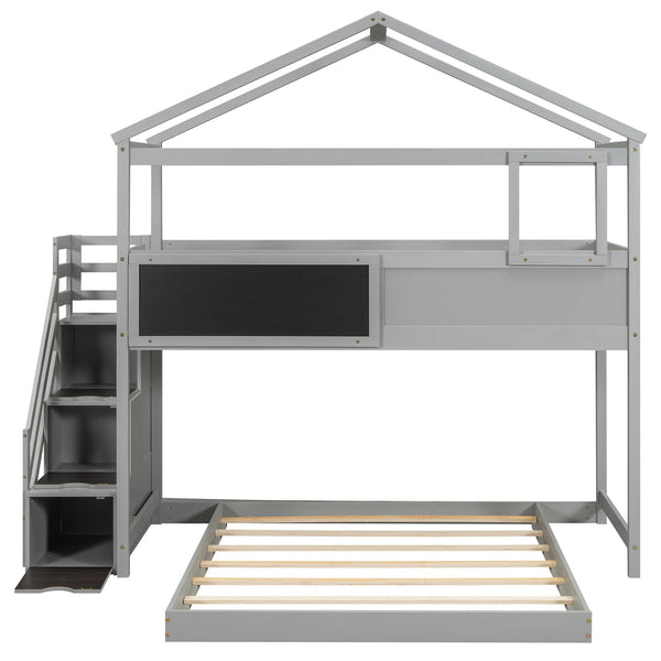 English Elm Twin House Bunk Bed with Storage Staircase and Blackboard Play Loft, Solid Pine Frame, Sturdy Design Gray SM001701AAE