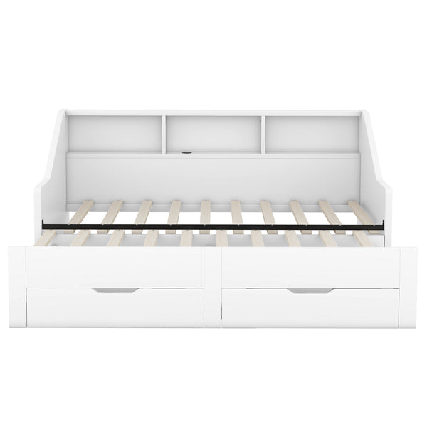 English Elm Twin Space-Saving Daybed with Pull-Out King Trundle, Built-In Bookcases, Dual Drawers & USB Charging Station White GX001827AAK