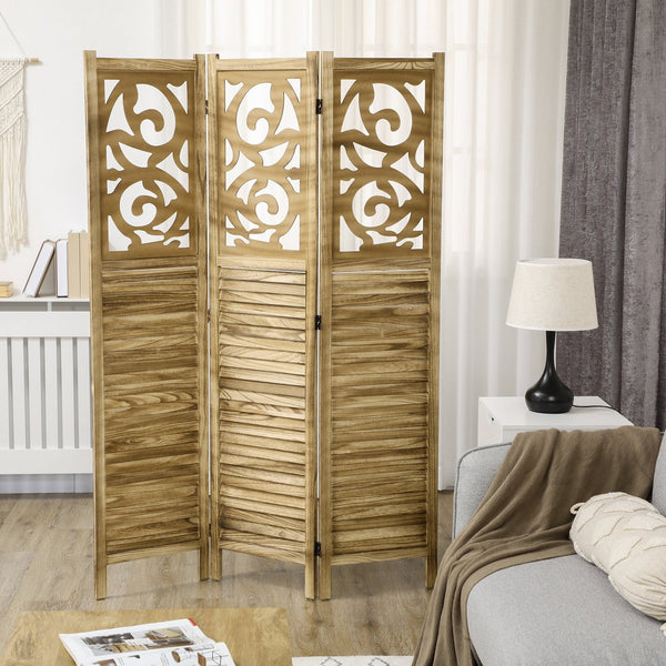 English Elm HOMCOM 3-Panel Wood Room Divider with Floral Louvered Panels, Folding Privacy Screen, 67" Tall Brown W2225P156104
