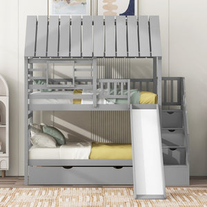 English Elm Twin Over Playhouse Bunk Bed Pine Wood with Trundle Storage Staircase Gray SM000931AAE-1