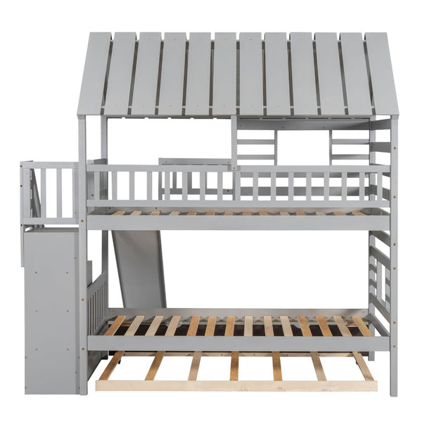 English Elm Twin Over Playhouse Bunk Bed Pine Wood with Trundle Storage Staircase Gray SM000931AAE-1