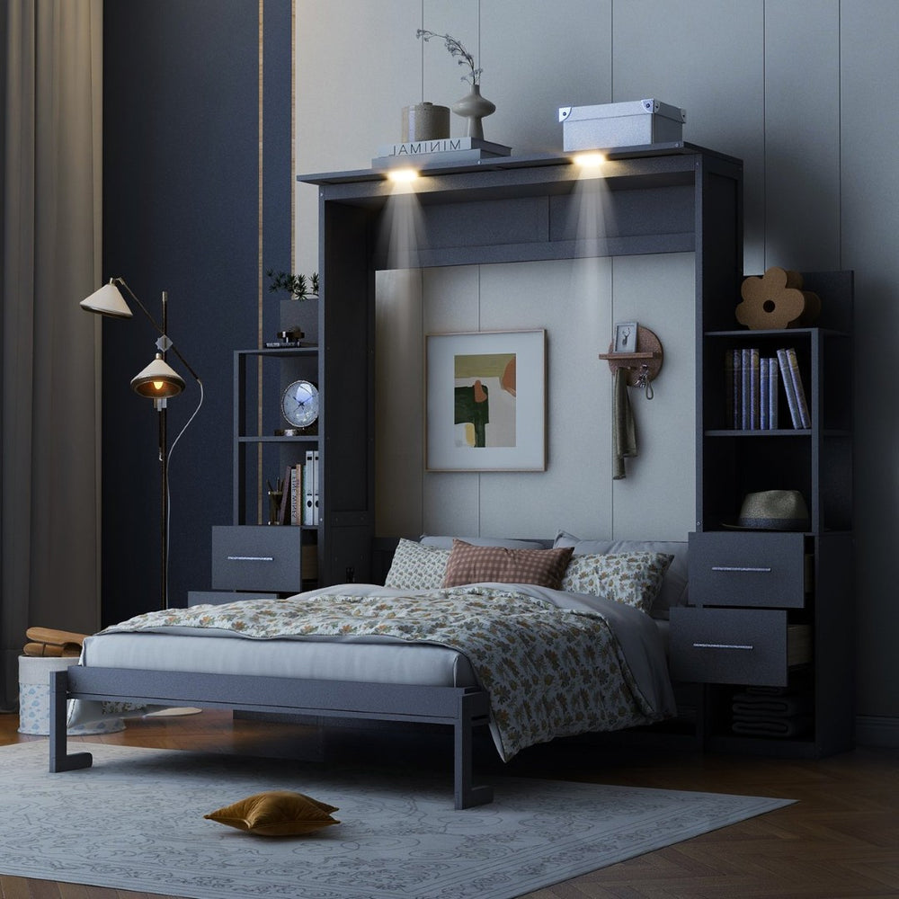 English Elm Queen Murphy Wall Bed with Led Lighting Open Shelves Drawers Space Saving Cabinet LP000566AAE-1
