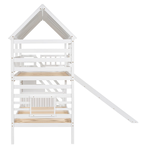 English Elm Twin Twin over Twin House Bunk Bed with Trundle, Slide and Storage Staircase, Playhouse Design Securely White SM000931AAK