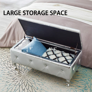 English Elm Upholstered Glam Storage Bench Faux Leather Crystal Tufted Lift Top Bedroom Seat W2268P146696