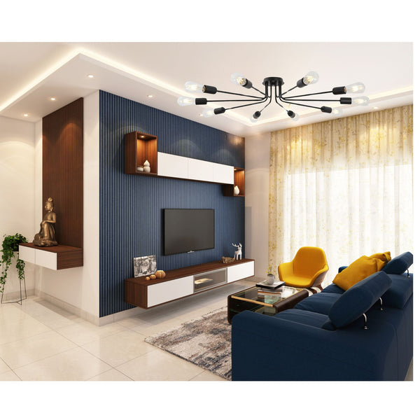 English Elm 10 Mid-Century Sputnik Chandelier with 10 Dimmable Arms, Metal Semi-Flush Ceiling Fixture, Elegant Ambiance Black B130P148036