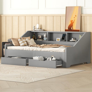 English Elm Twin Space-Saving Daybed with Pull-Out King Trundle, Built-In Bookcases, Dual Drawers & USB Charging Station Gray GX001827AAE