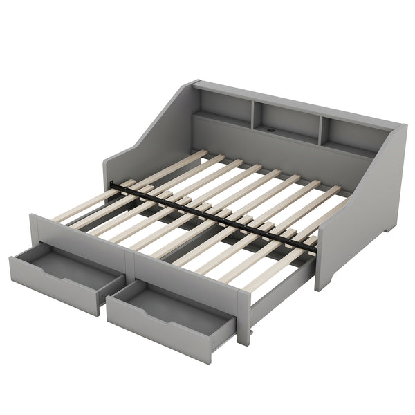 English Elm Twin Space-Saving Daybed with Pull-Out King Trundle, Built-In Bookcases, Dual Drawers & USB Charging Station Gray GX001827AAE