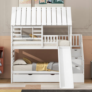 English Elm Twin Twin over Twin House Bunk Bed with Trundle, Slide and Storage Staircase, Playhouse Design Securely White SM000931AAK