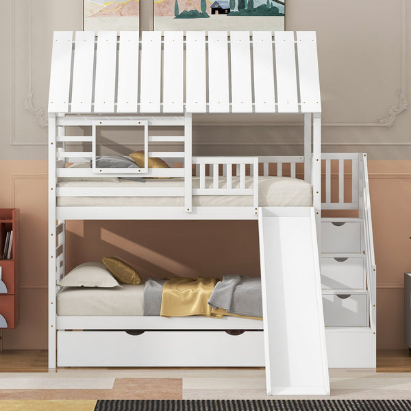 English Elm Twin Twin over Twin House Bunk Bed with Trundle, Slide and Storage Staircase, Playhouse Design Securely White SM000931AAK