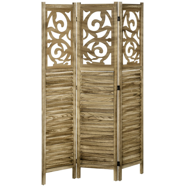 English Elm HOMCOM 3-Panel Wood Room Divider with Floral Louvered Panels, Folding Privacy Screen, 67" Tall Brown W2225P156104