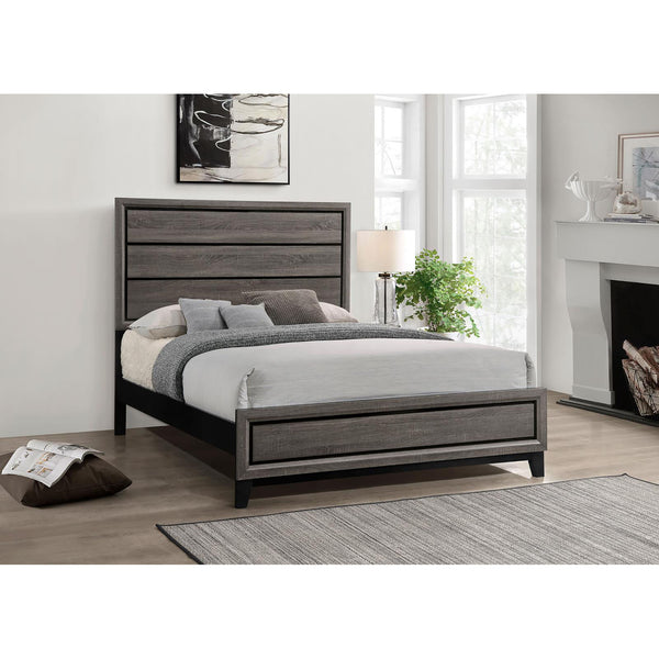 English Elm Rustic Grey Oak Queen Panel Bed with Smoky Weathered Finish, Modern Paneled Headboard & Chic Design B062S00283