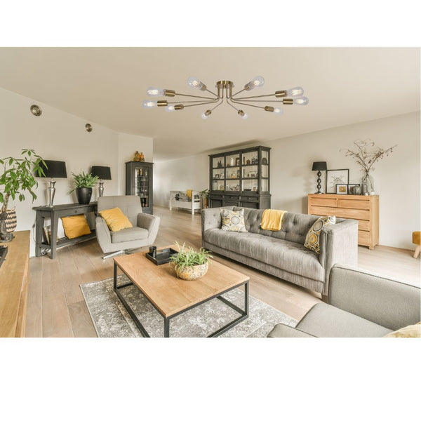 English Elm 10 Mid-Century Sputnik Chandelier with 10 Dimmable Arms, Metal Semi-Flush Ceiling Fixture, Elegant Ambiance Brushed Gold B130P148037