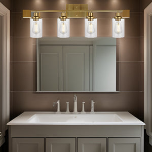 English Elm Brushed Gold Vanity Lights Wall Sconce 4-Light, Bathroom Light Fixtures With Clear Glass Shade Wall Lights