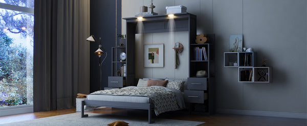 English Elm Queen Murphy Wall Bed with Led Lighting Open Shelves Drawers Space Saving Cabinet LP000566AAE-1