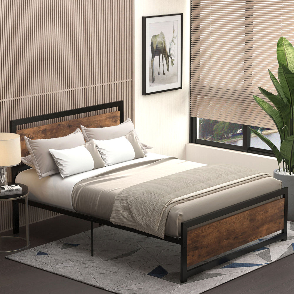 English Elm HOMCOM Full Bed Frame with Headboard & Footboard, 660lb Steel Slats, 12.25" Underbed Storage, Black Vintage Design W2225P156115