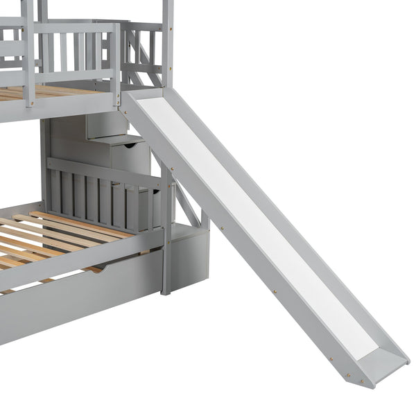 English Elm Twin Twin over Twin House Bunk Bed with Trundle, Slide and Storage Staircase, Playhouse Design Securely Gray SM000931AAE
