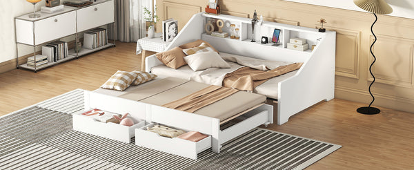 English Elm Twin Space-Saving Daybed with Pull-Out King Trundle, Built-In Bookcases, Dual Drawers & USB Charging Station White GX001827AAK