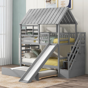 English Elm Twin Over Playhouse Bunk Bed Pine Wood with Trundle Storage Staircase Gray SM000931AAE-1
