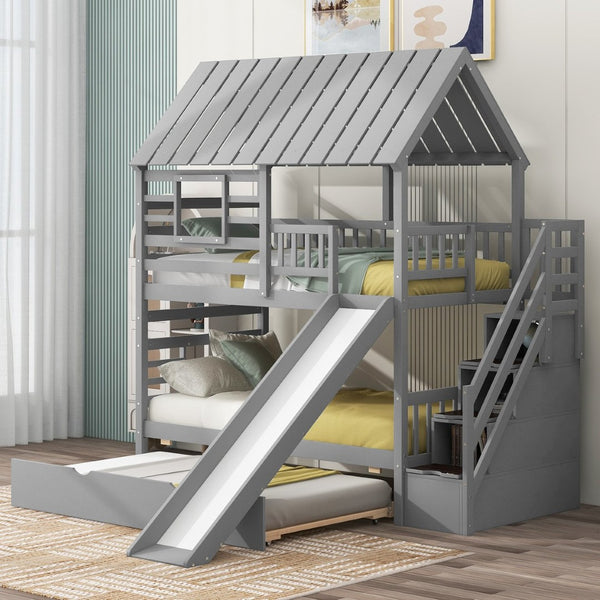 English Elm Twin Over Playhouse Bunk Bed Pine Wood with Trundle Storage Staircase Gray SM000931AAE-1