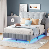 Hearth and Haven Full Size Velvet Platform Bed with Led Frame and Stylish Mental Bed Legs WF313806AAE